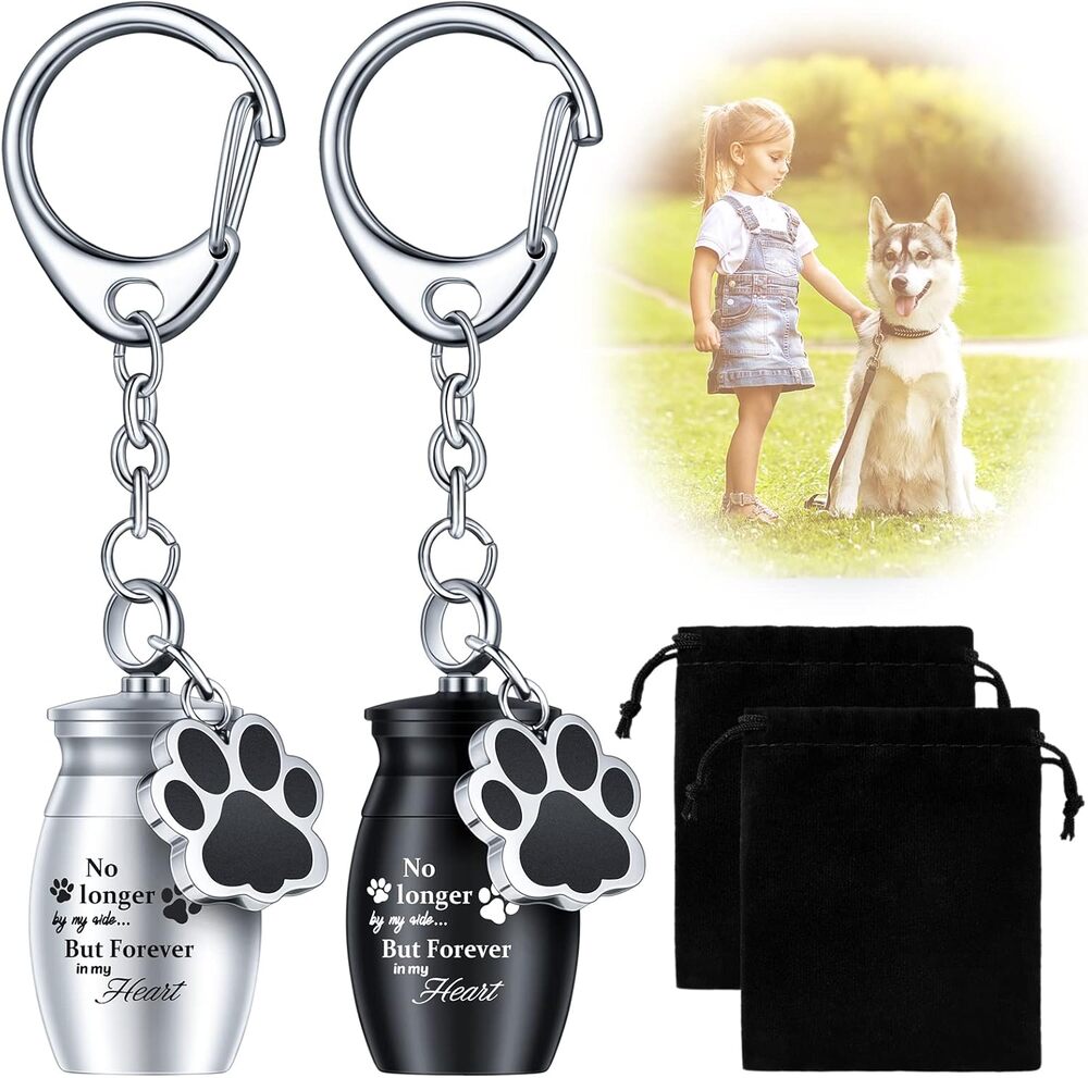 Pet Urns Keychain for Dog &amp; Cat Ashes | Paw Print Memorial Keepsake | Alloy Cremation Urn Pendant with Storage Bag