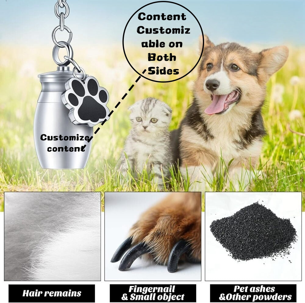 Pet Urns Keychain for Dog &amp; Cat Ashes | Paw Print Memorial Keepsake | Alloy Cremation Urn Pendant with Storage Bag